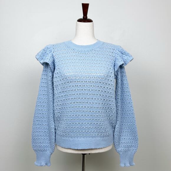 Ann Taylor LOFT Blue Pointelle Lace Knit Ruffle Feminine Long Sleeve Sweater NWT - Picture 2 of 10